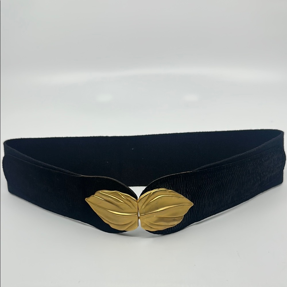 Vtg Axcess Black Genuine Leather Belt with Gold Leaf Straight Waist Buckle, Sz L